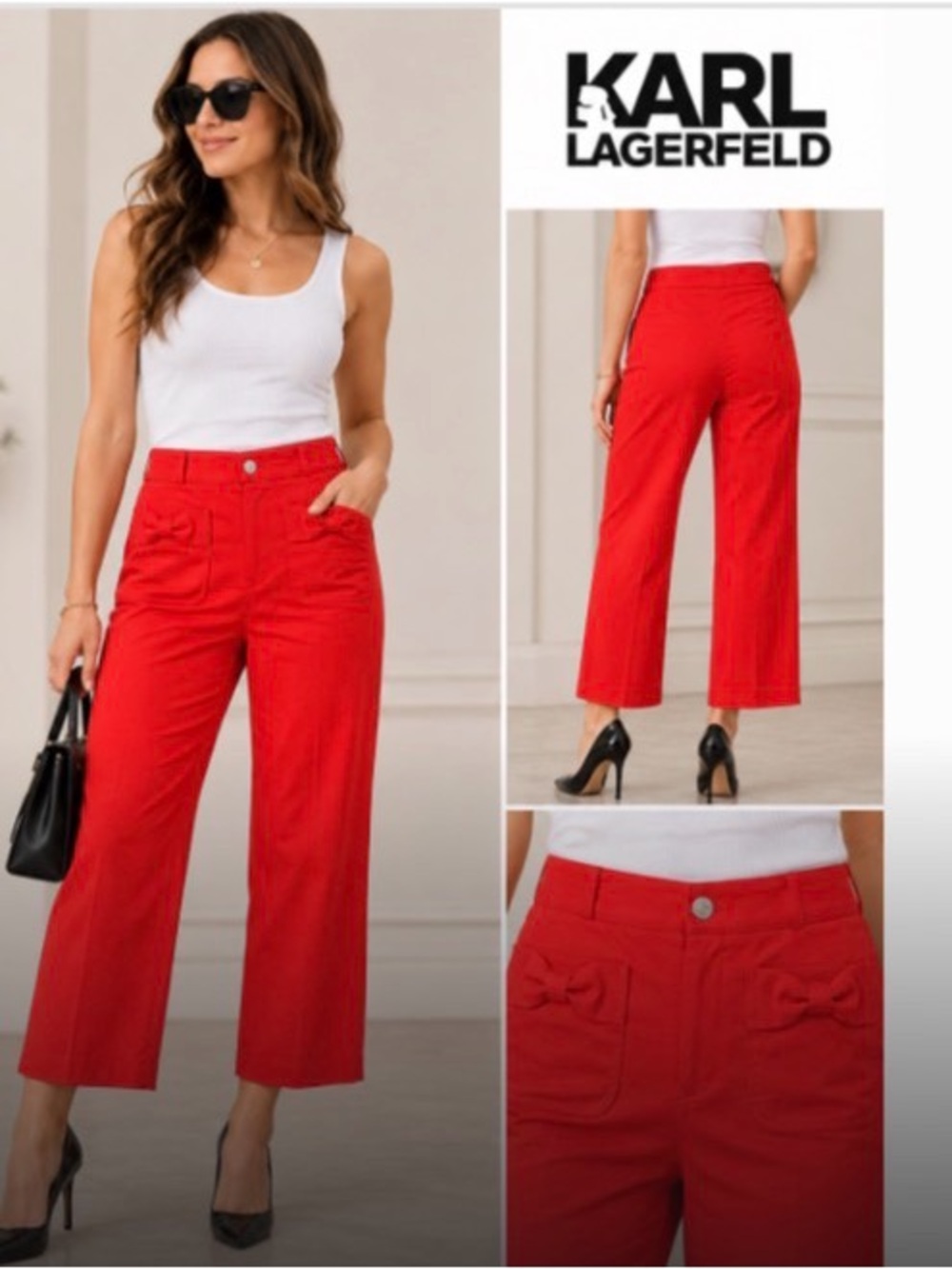 136. NWT Karl Lagerfeld Bright Red Wide-Leg Crop Trousers